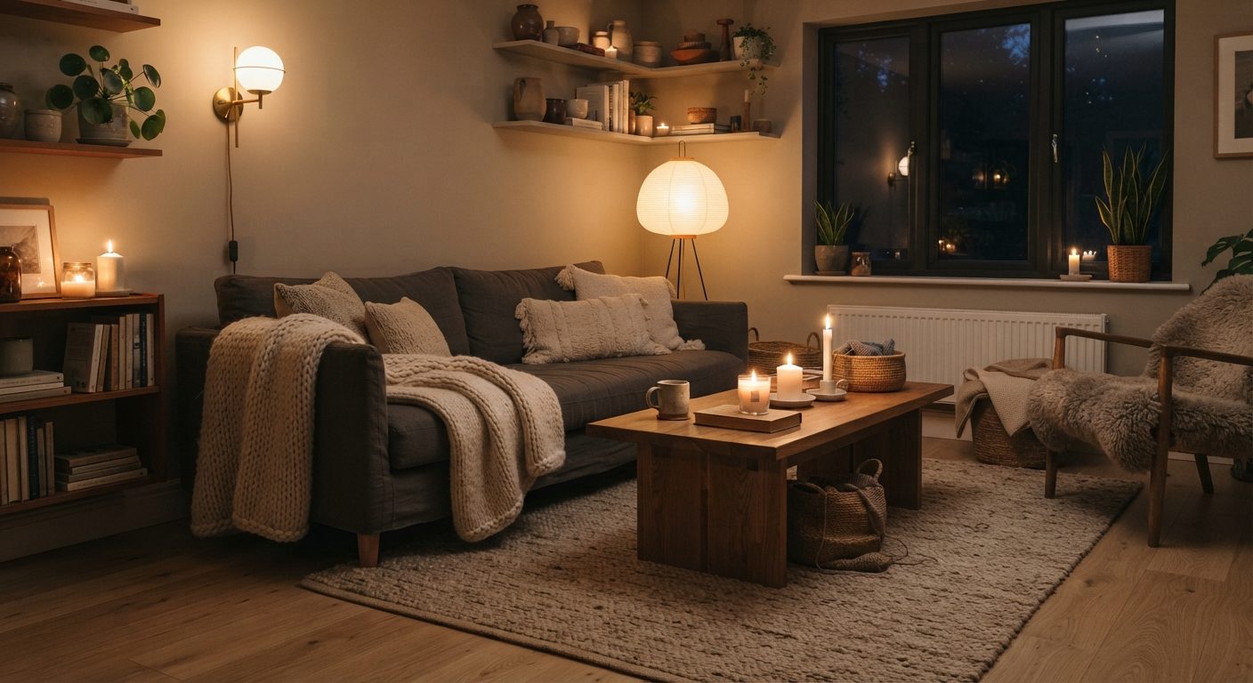 Stue indrettet med lagdelt belysning fra gulvlampe og vægarmaturer der skaber hyggelig stemning