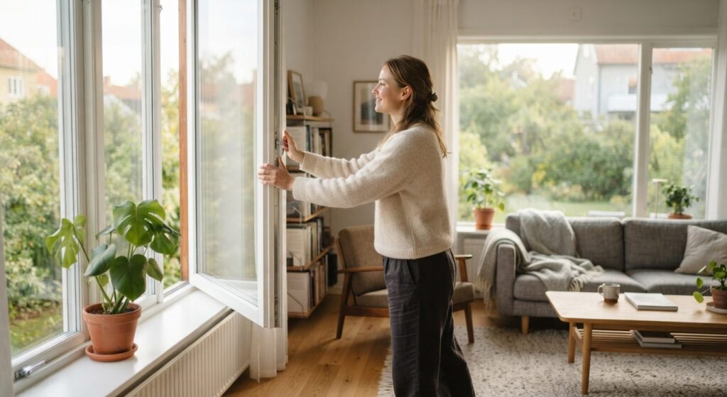 Person lufter ud i stuen som tegn på fokus på godt indeklima i hjemmet