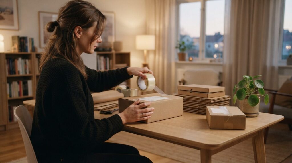 Photorealistic stock image, 16:9 format: Woman wrapping retu