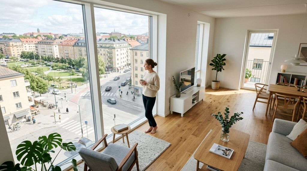 Overhead view of a minimalist Scandinavian apartment interio