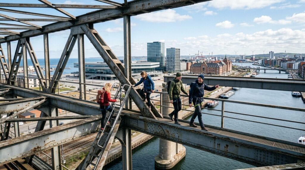 Wide shot of an adventurous group of friends climbing and ex