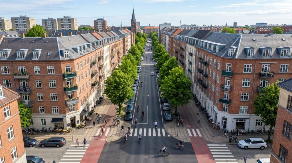 Wide overhead street view of residential Copenhagen neighbor
