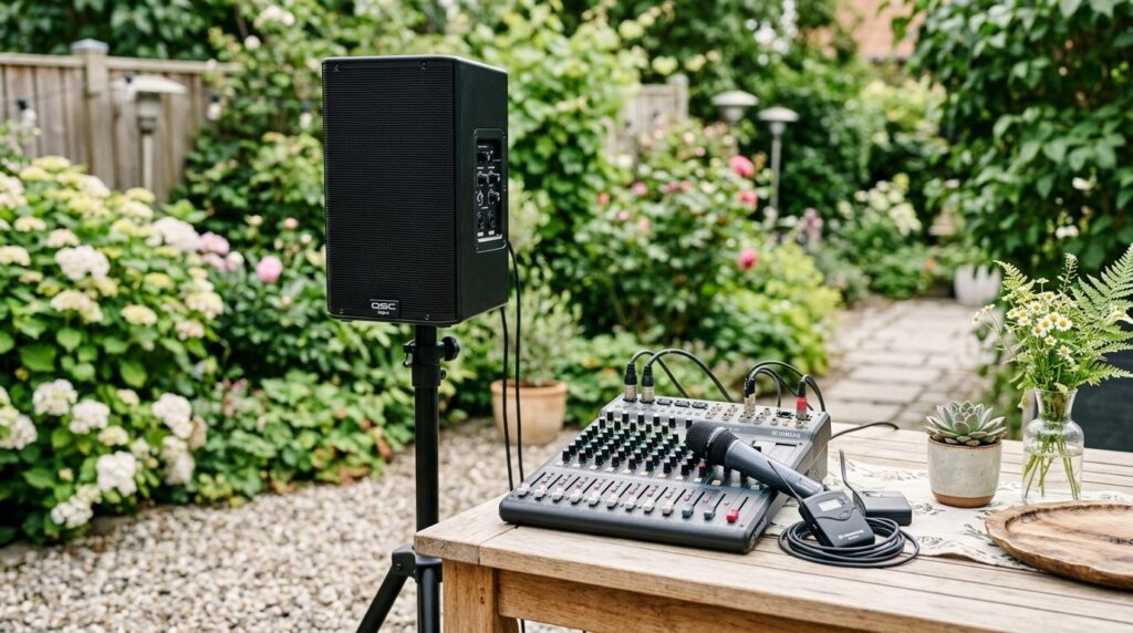 Photorealistic close-up of a professional sound system setup
