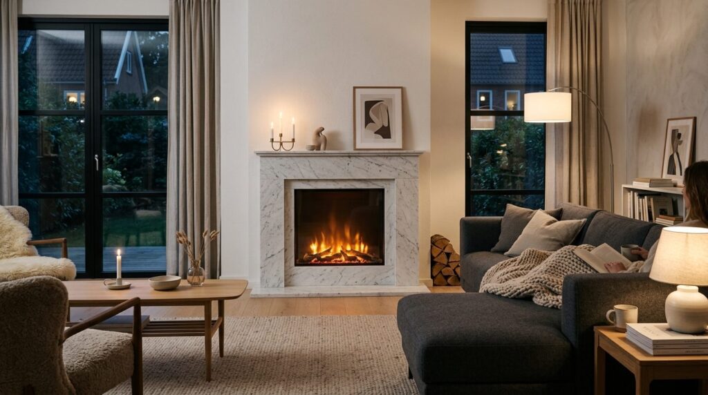 Contemporary Danish home interior with an elegant electric f