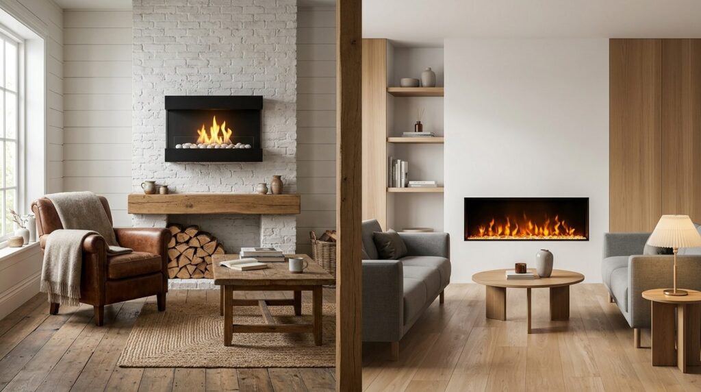 Split-screen style comparison interior: left side showing bi