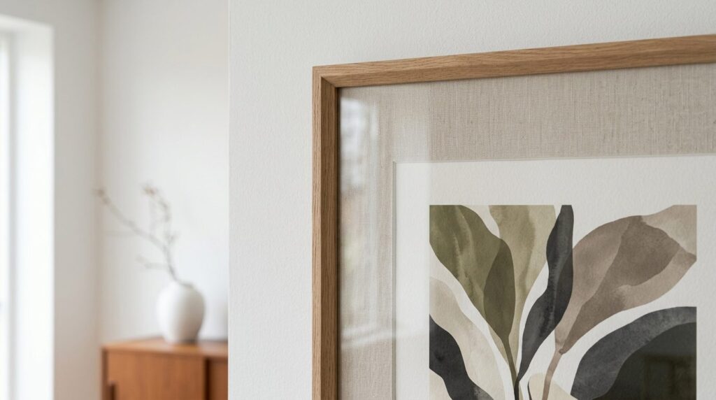 Close-up detail shot of a premium framed art print on a whit