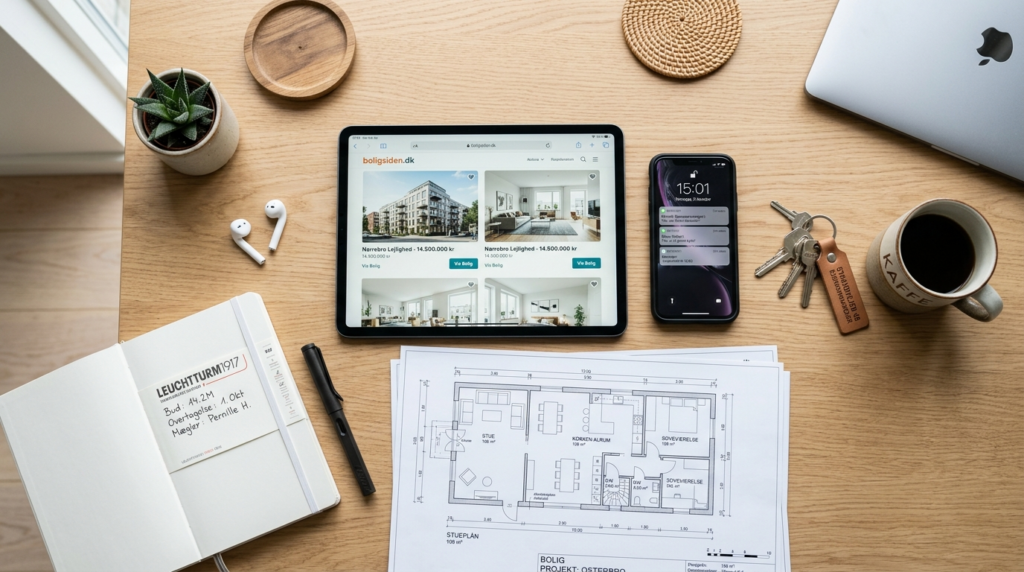 Overhead flat lay composition of a Danish real estate transa