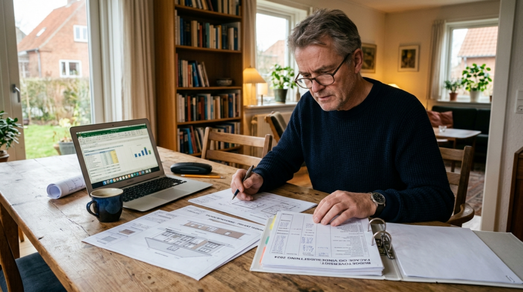 Realistic image of a mature Danish homeowner reviewing renov