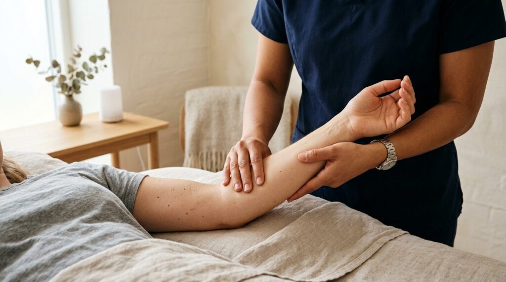 Close-up photograph of a kinesiologists hands gently perfor