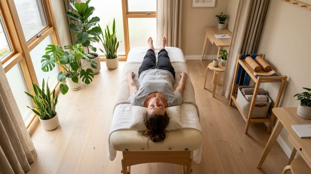 Overhead view of a relaxed woman lying on a comfortable trea