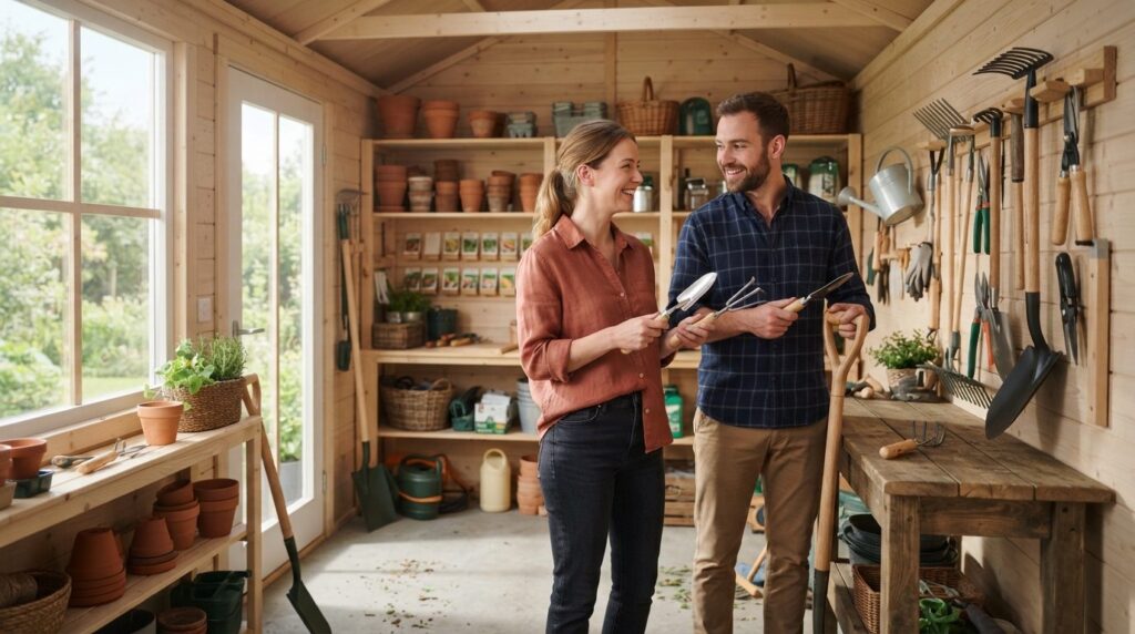 Young couple in casual clothing inspecting and selecting gar
