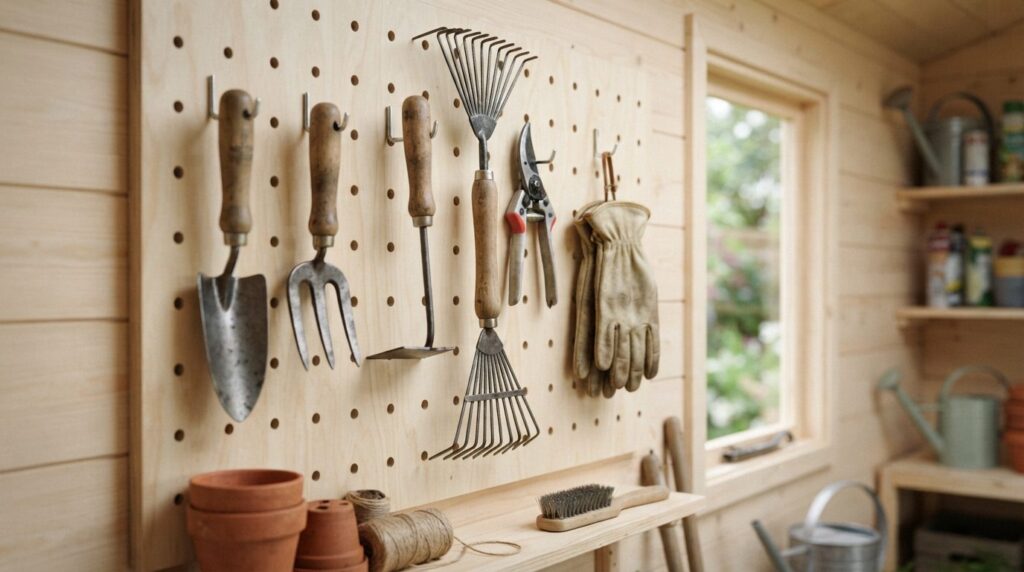 Close-up detail shot of essential garden hand tools hanging