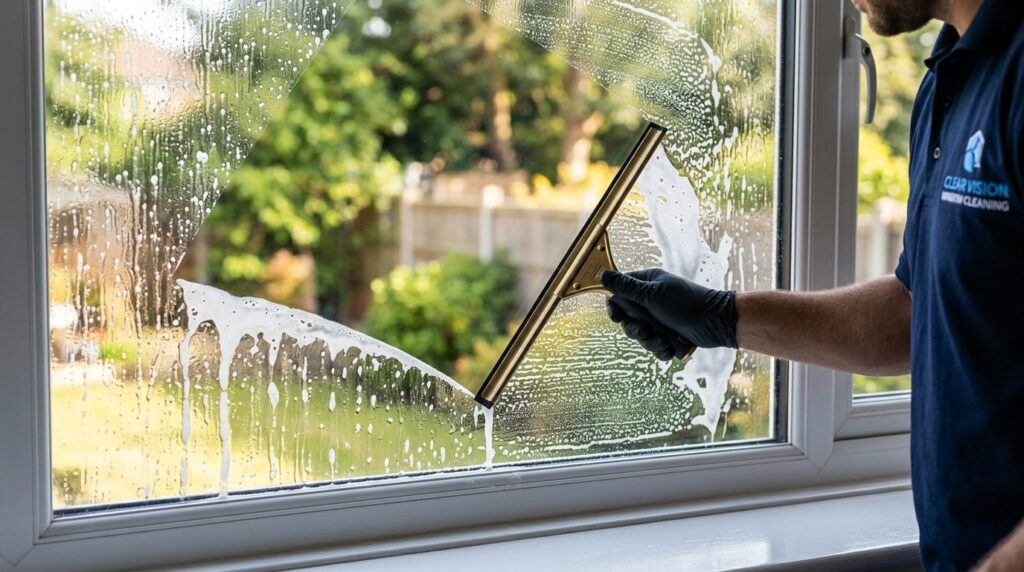 Close-up detail shot of a professional window cleaning in pr