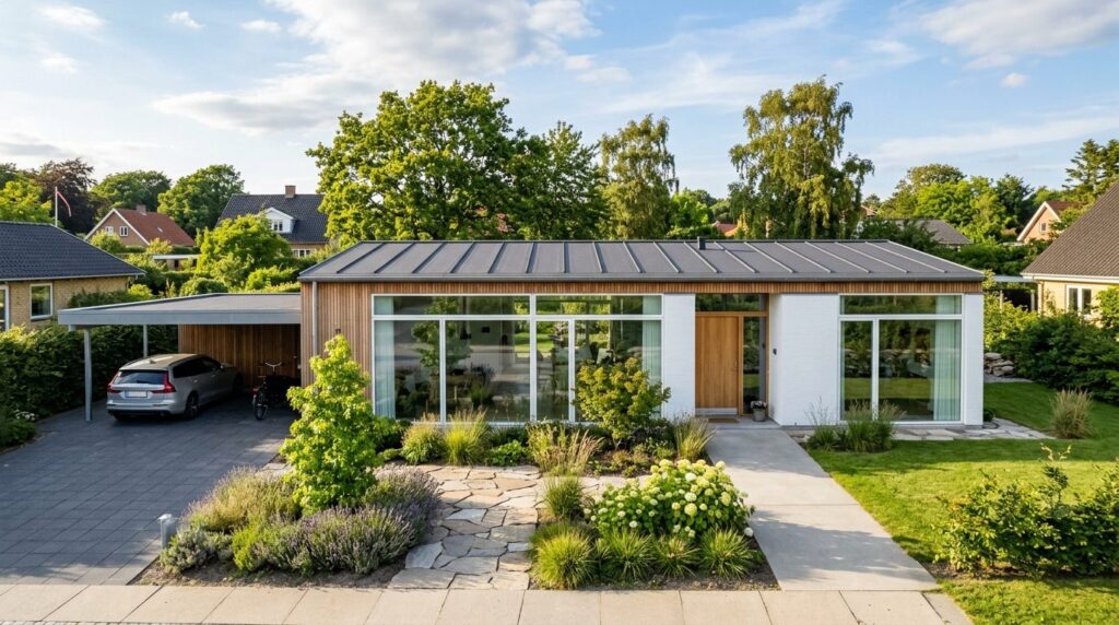 Wide angle view of a Danish modern home exterior with impecc