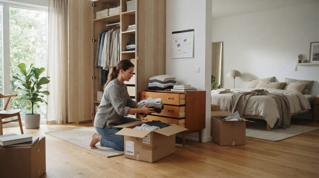 Wide shot of a Danish bedroom with an open closet and dresse
