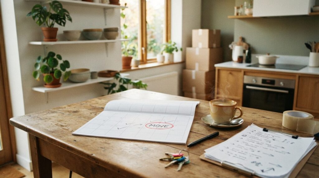 Calendar on kitchen table showing marked moving day date, co
