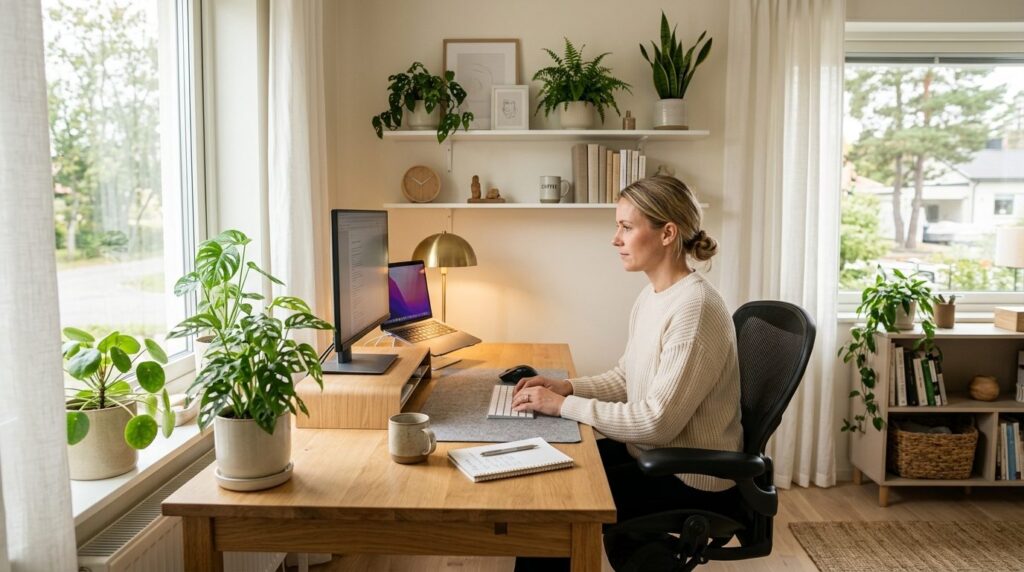 Photorealistic image of a calm, well-organized home office w