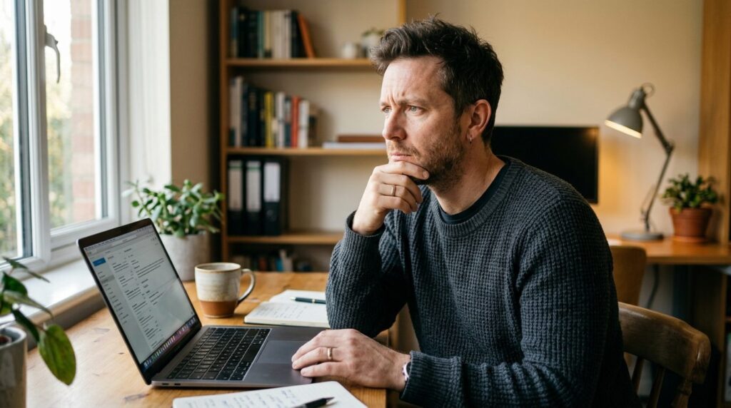 Photorealistic close-up image of a man in casual home office
