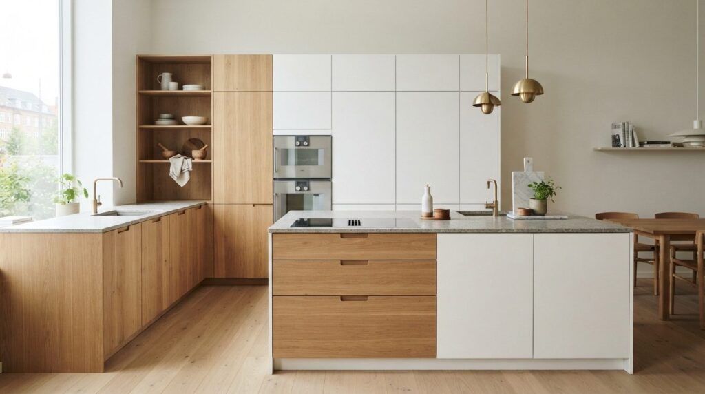 Bright Scandinavian kitchen showroom with new custom carpent
