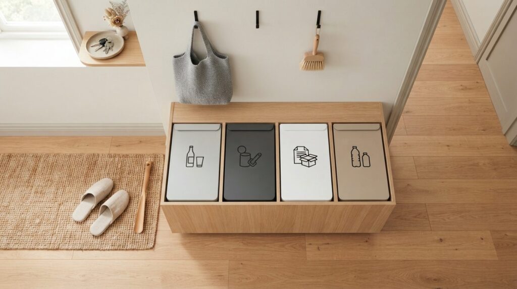 Close-up flat lay photograph of a Scandinavian apartment ent
