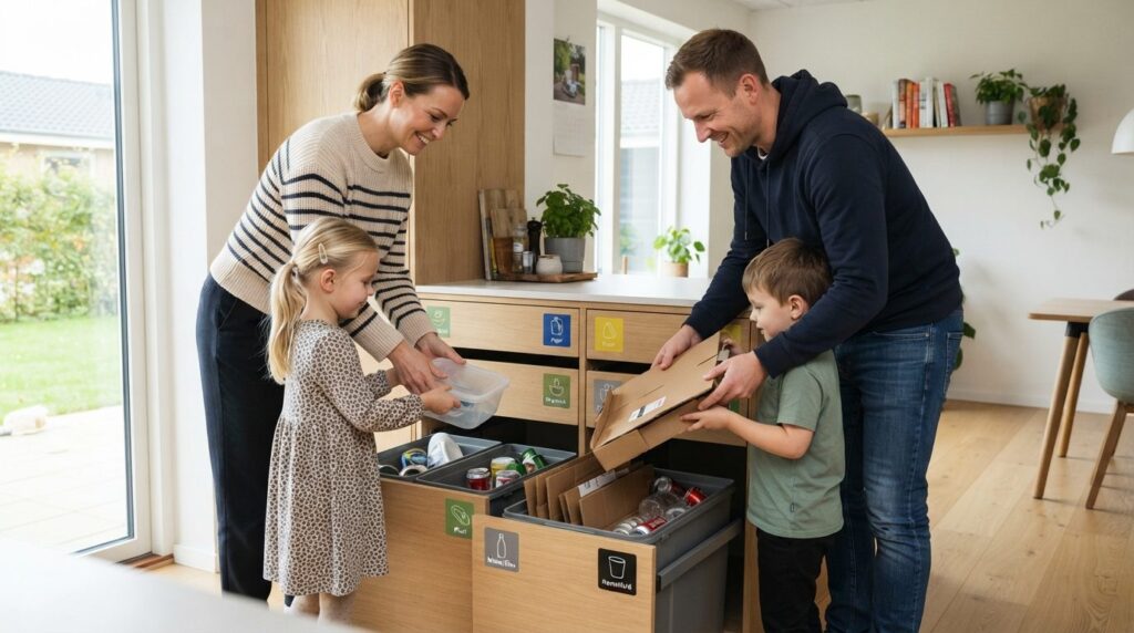 Photorealistic interior design image of a young Danish famil