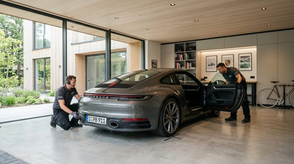 Wide shot of a pristine German import vehicle being carefull