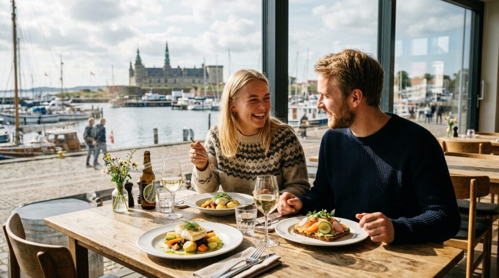 Close-up lifestyle photo of a young Danish couple having lun