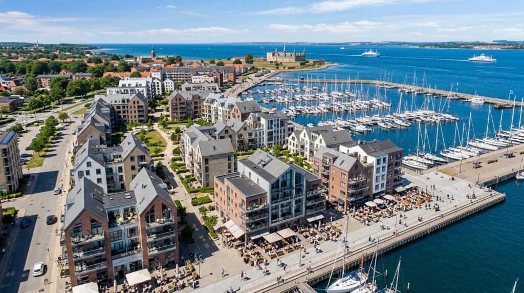 Aerial view of Helsingør harbor district with modern residen