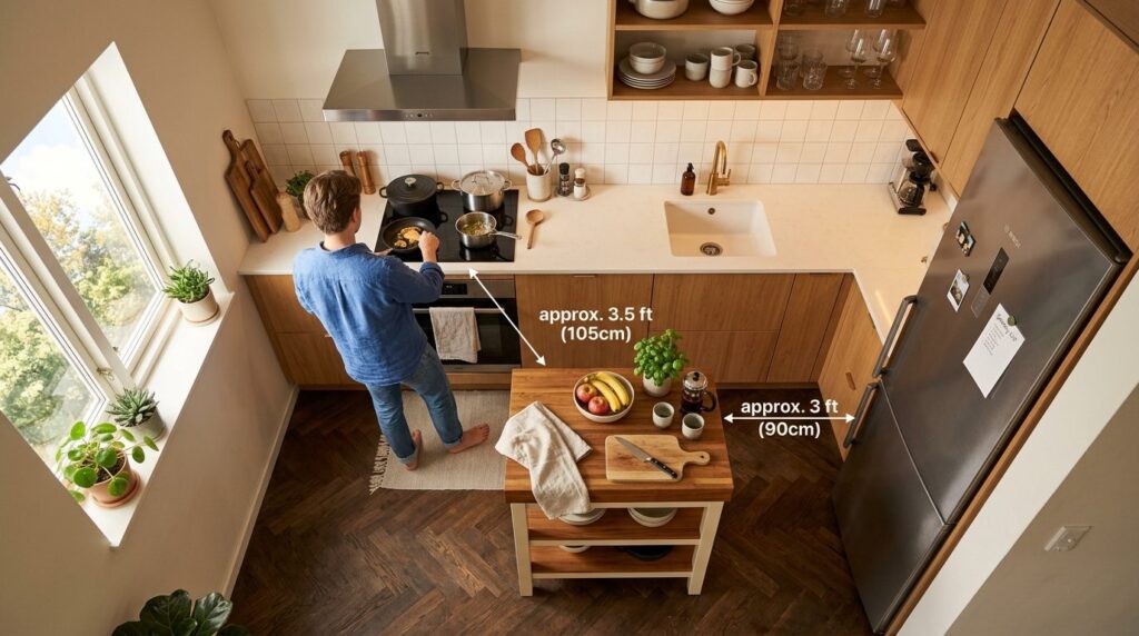Overhead flat-lay view of a Danish modern kitchen with a com
