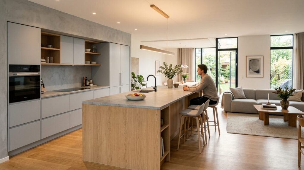 Interior design photograph of a spacious open-plan kitchen a