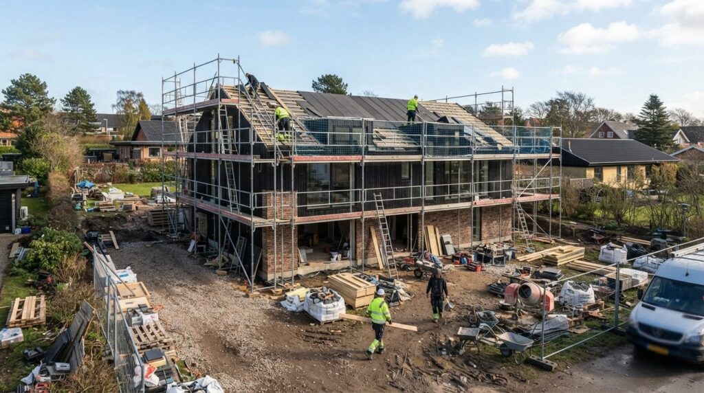 Wide shot of a modern Danish home under renovation with scaf