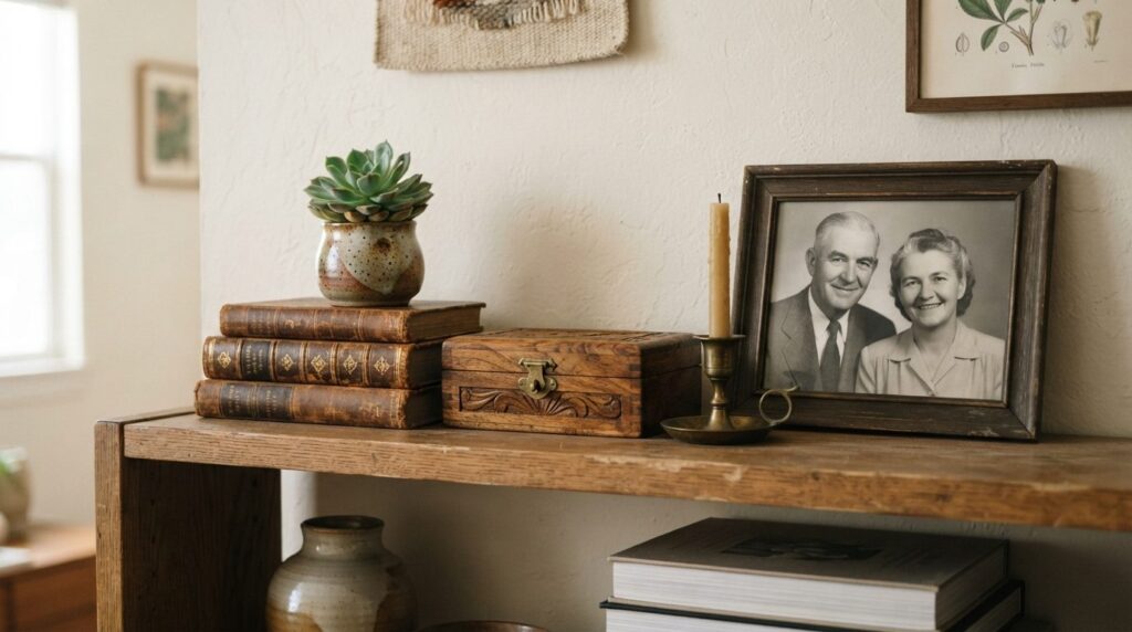 Close-up detail shot of a styled apartment shelf displaying