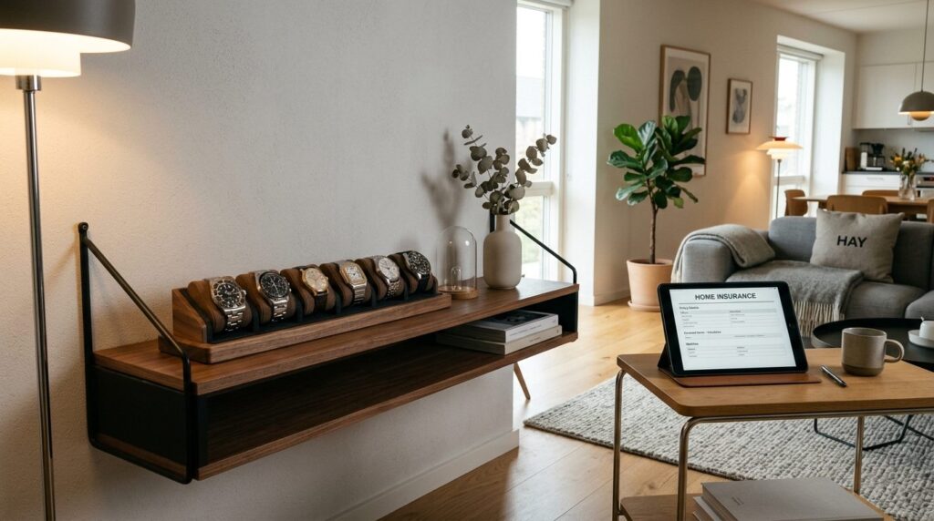 Modern Danish living room with valuable watches displayed on