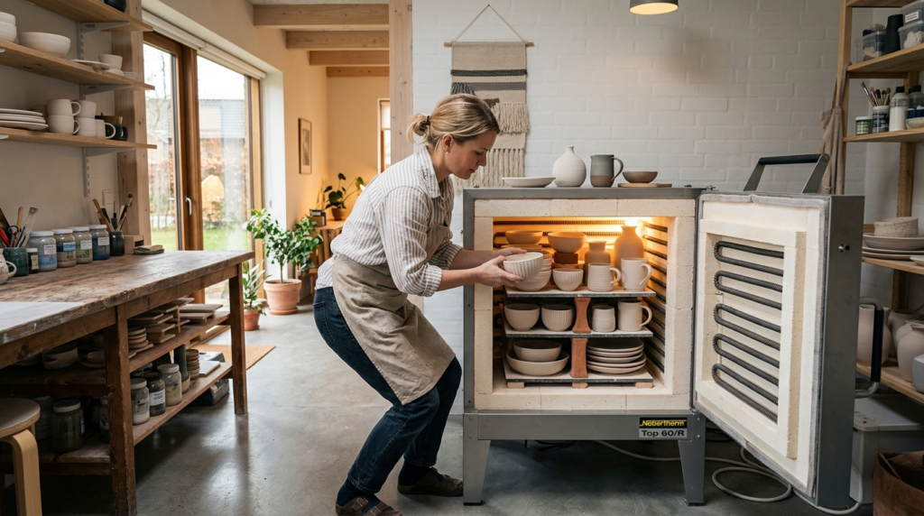 Wide angle view of a residential ceramic kiln in a modern Da