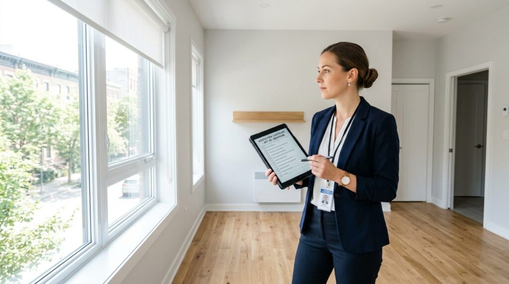 Professional stock photo of a woman inspecting a modern, emp