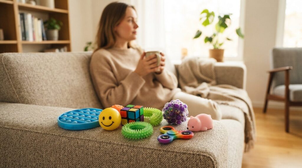 Close-up of stress relief fidget toys and squishy toys scatt