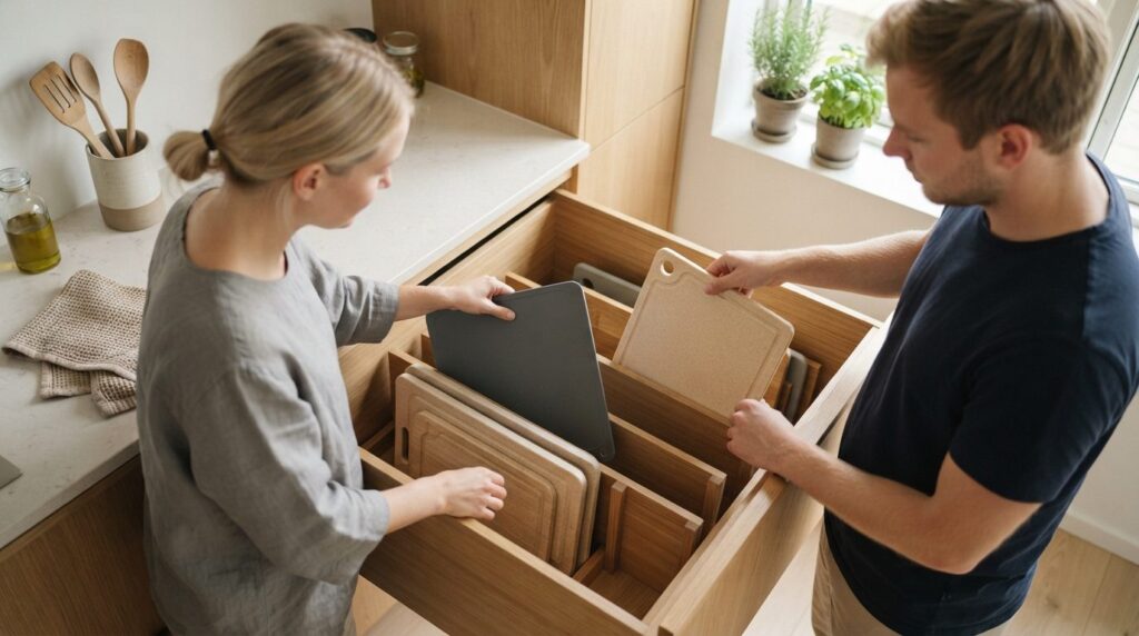 Overhead shot of a young Danish couple arranging eco-friendl