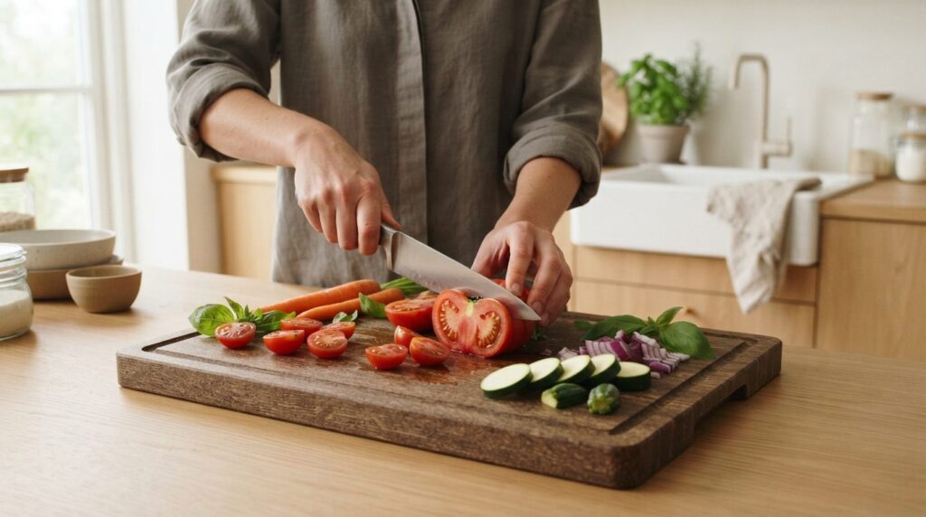 Close-up detail shot of hands preparing fresh vegetables on 
