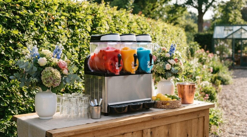 Close-up of a stylish outdoor beverage station in a Danish g