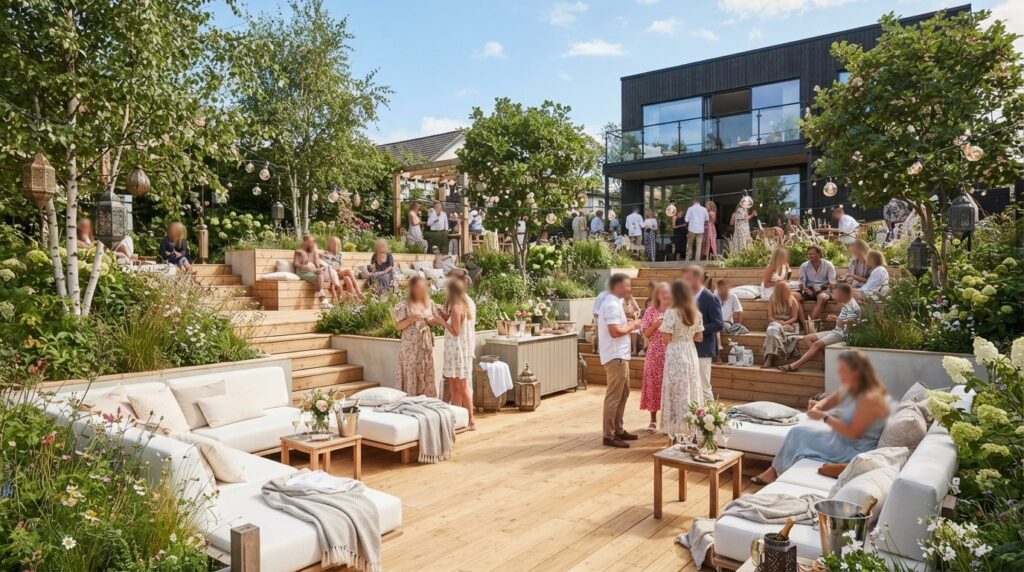 Wide angle view of a modern Scandinavian-style garden transf