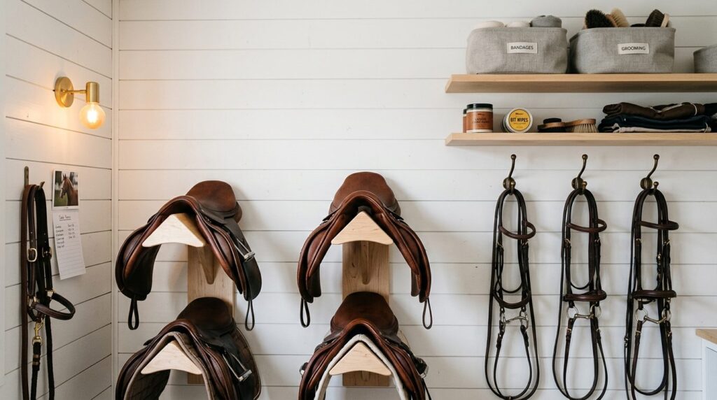 Close-up detail of Scandinavian tack room organization: mini