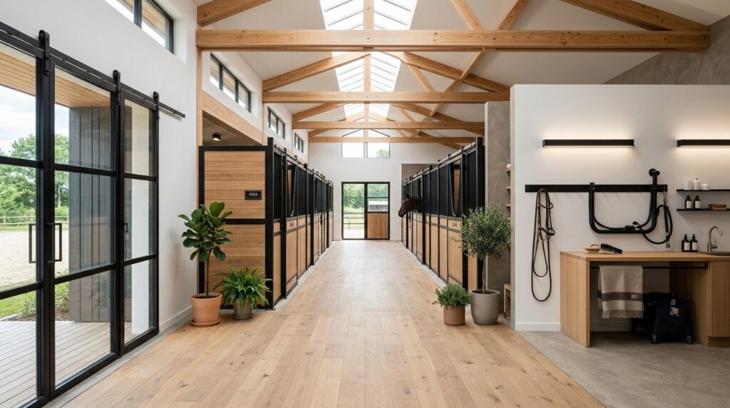 Modern Scandinavian horse stable aisle with wide flooring, n