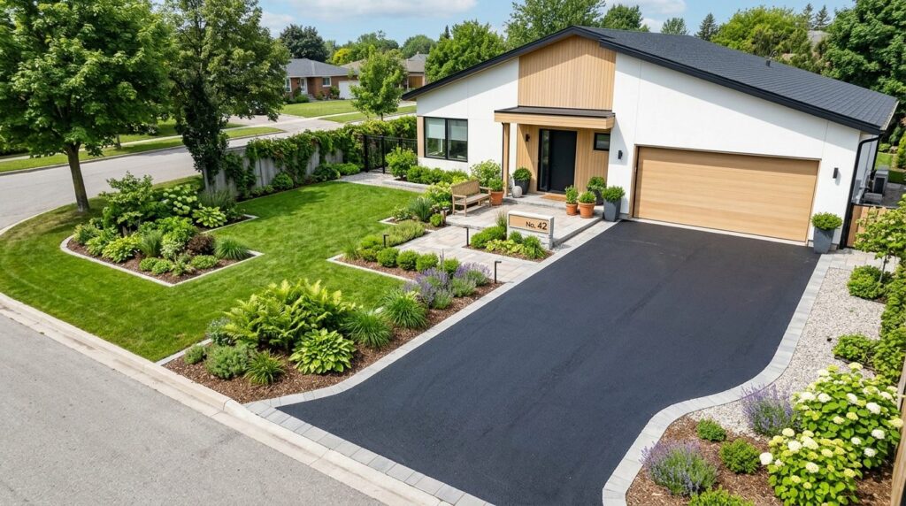 Overhead view of a tidy residential driveway and front yard 