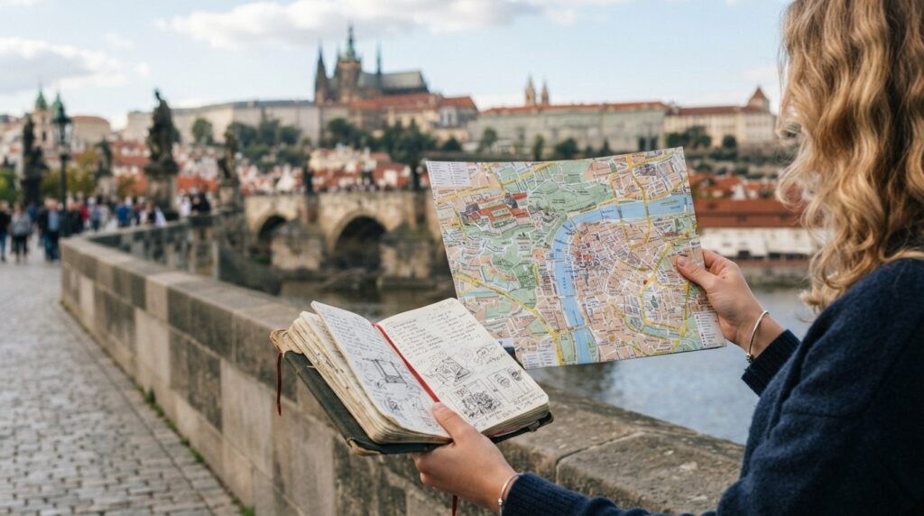 Close-up of a Danish tourist holding a detailed Prague city 