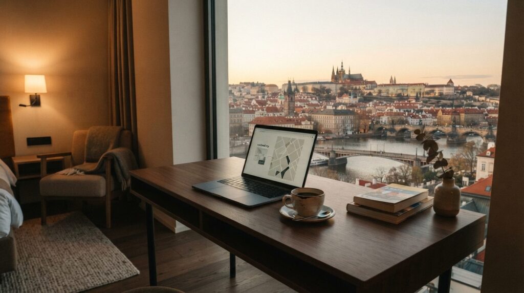 Modern minimalist hotel room in Prague with open laptop disp