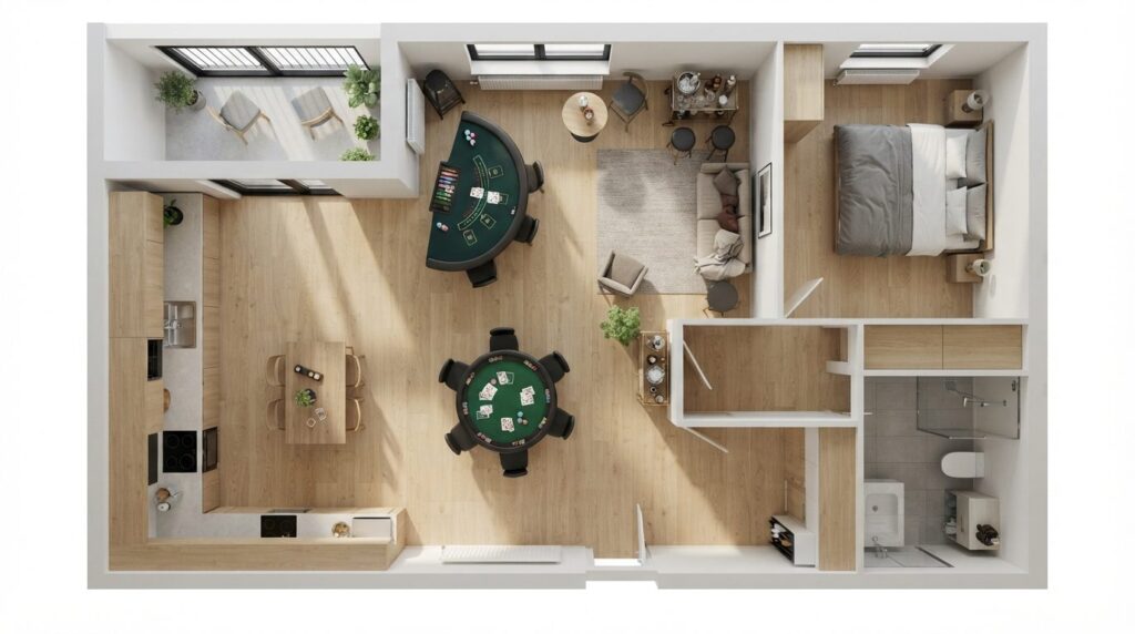 Clean overhead shot of a small Danish apartment floor plan w