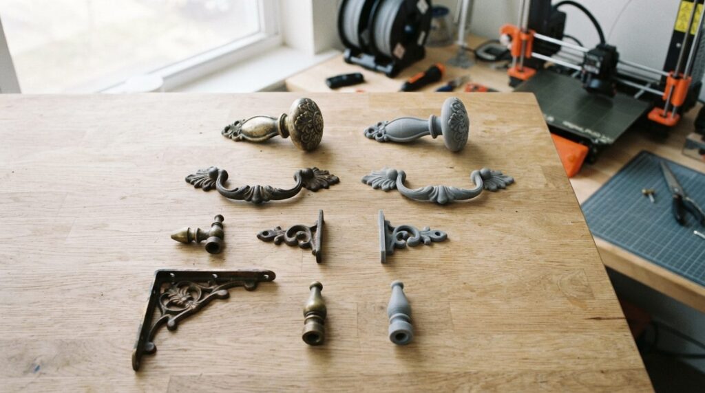 Overhead flat-lay shot of various vintage home hardware comp