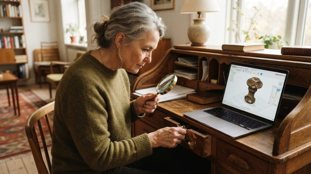 A mature Danish homeowner examining an antique inherited des
