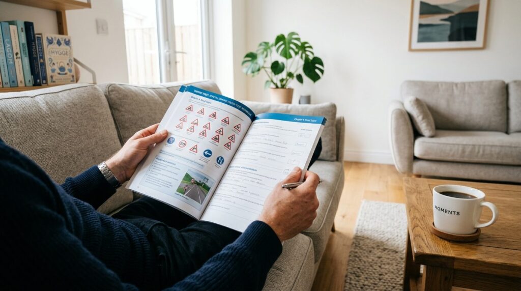 Close-up of a mans hands holding a driving theory workbook 