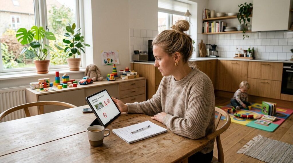 Wide shot of a young parent studying driving theory on a tab
